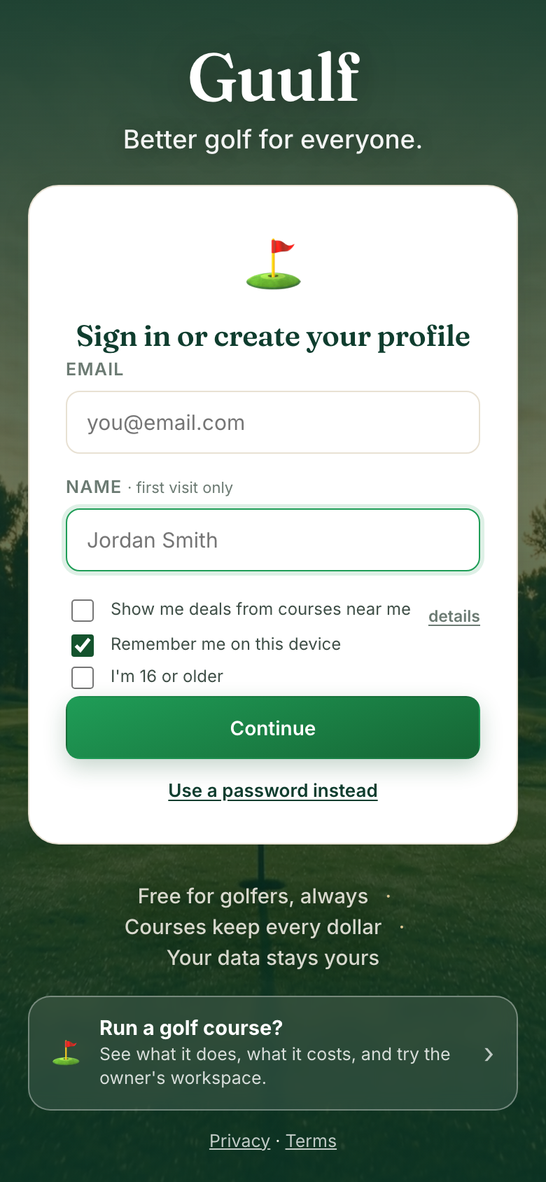 The Guulf front page: a sign-in card, three pledges, and a dark card that says Run a golf course?