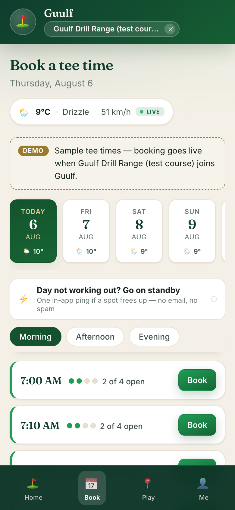 The Book page: the week as day cards with weather on each, morning/afternoon/evening filters, and time slots with open seats and Book buttons.