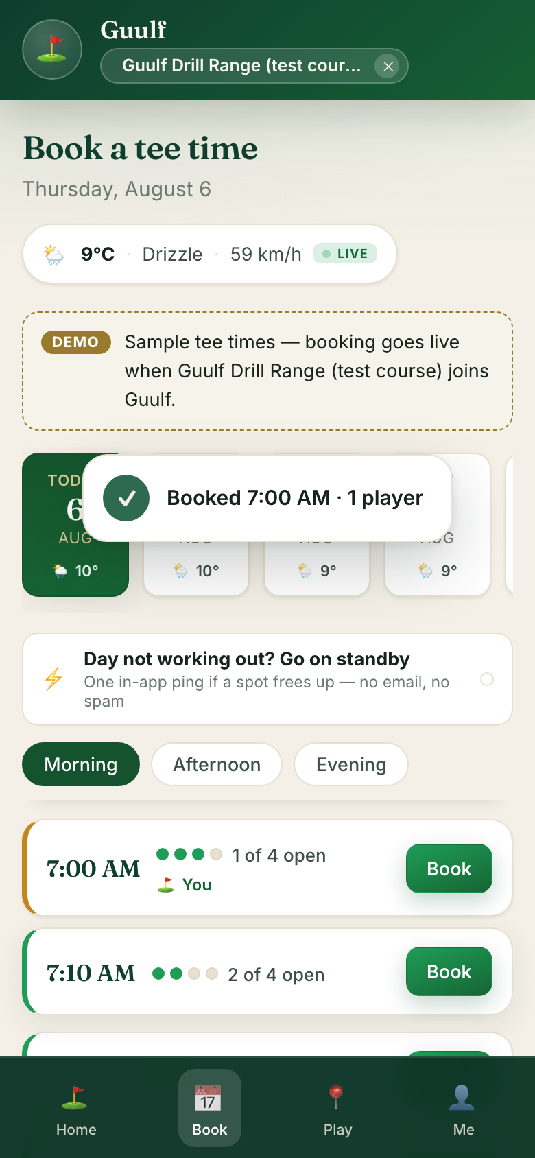 Right after booking: a Booked confirmation, and the slot now shows You on it.