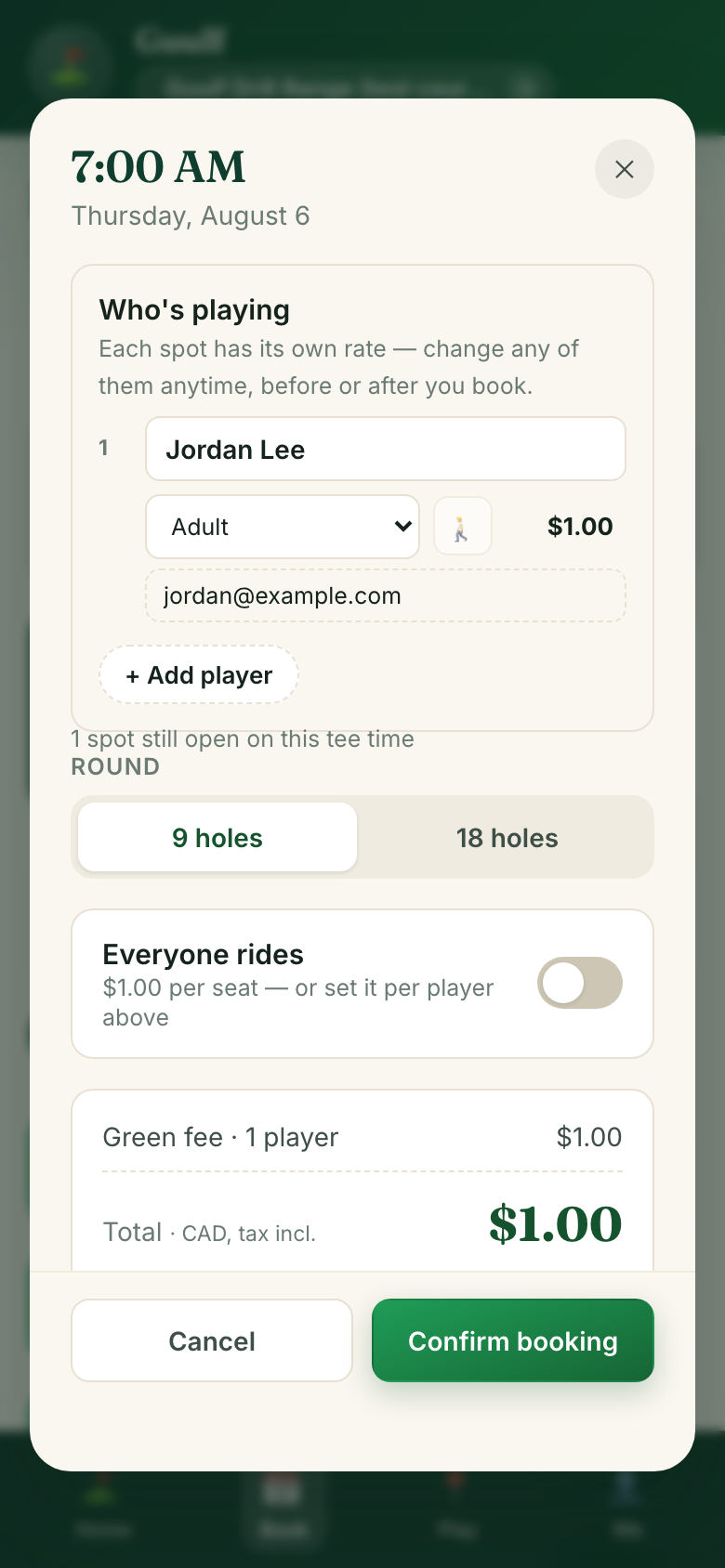 The booking sheet: who's playing with each spot's rate shown, 9 or 18 holes, carts, and the Confirm booking button.