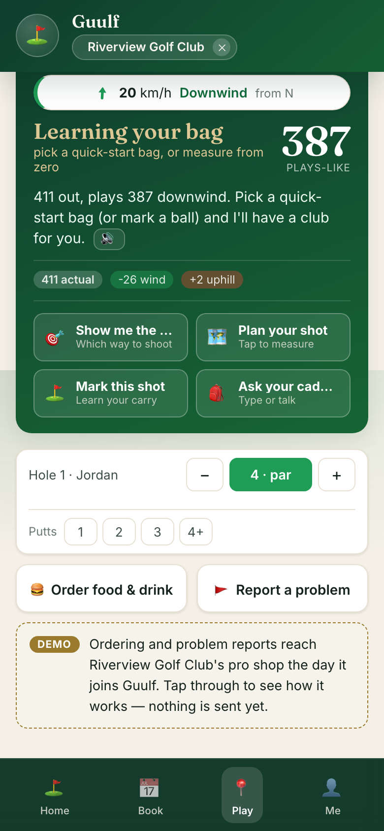 The caddie card: wind reading, plays-like 378 against 406 actual with the wind and slope shown, and four tool buttons — show me the way, plan your shot, mark this shot, ask your caddie.