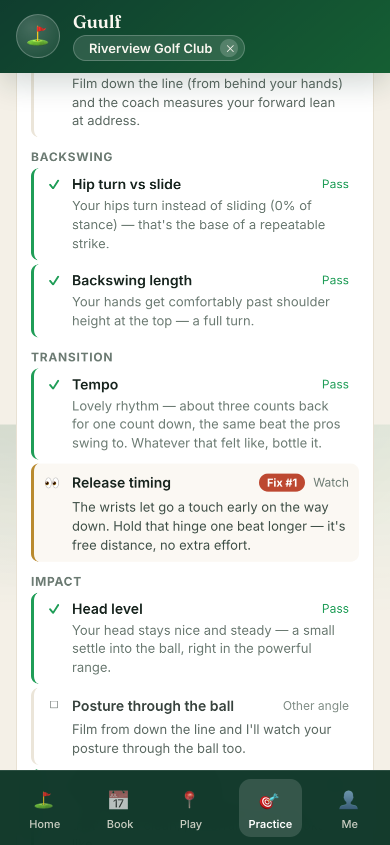 The swing report card: rhythm and view chips, pass and fix rows grouped by swing phase, and the drill.