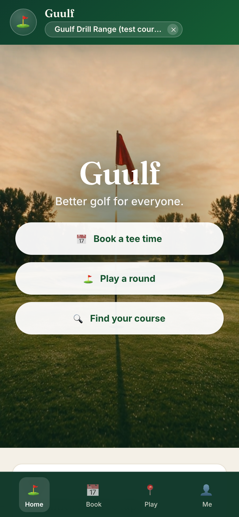 The golfer home screen with three big buttons: Book a tee time, Play a round, Find your course.