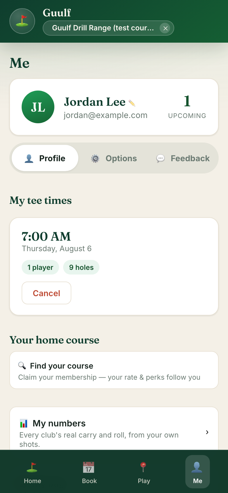 The Me page: your profile, upcoming tee time with a cancel button, find your course, and My numbers.