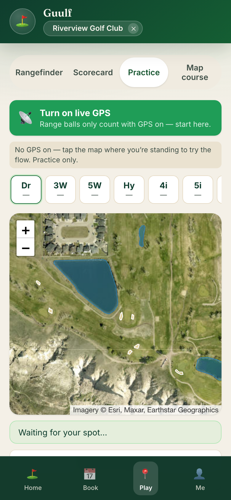 Practice mode: satellite view of the range with a tap-per-ball flow and the selected club's carry ring.