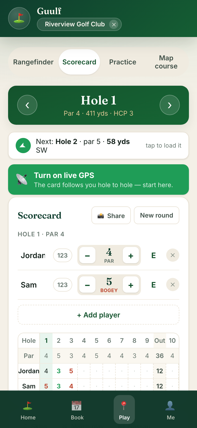 The group scorecard: players with per-hole scores and running totals against par.