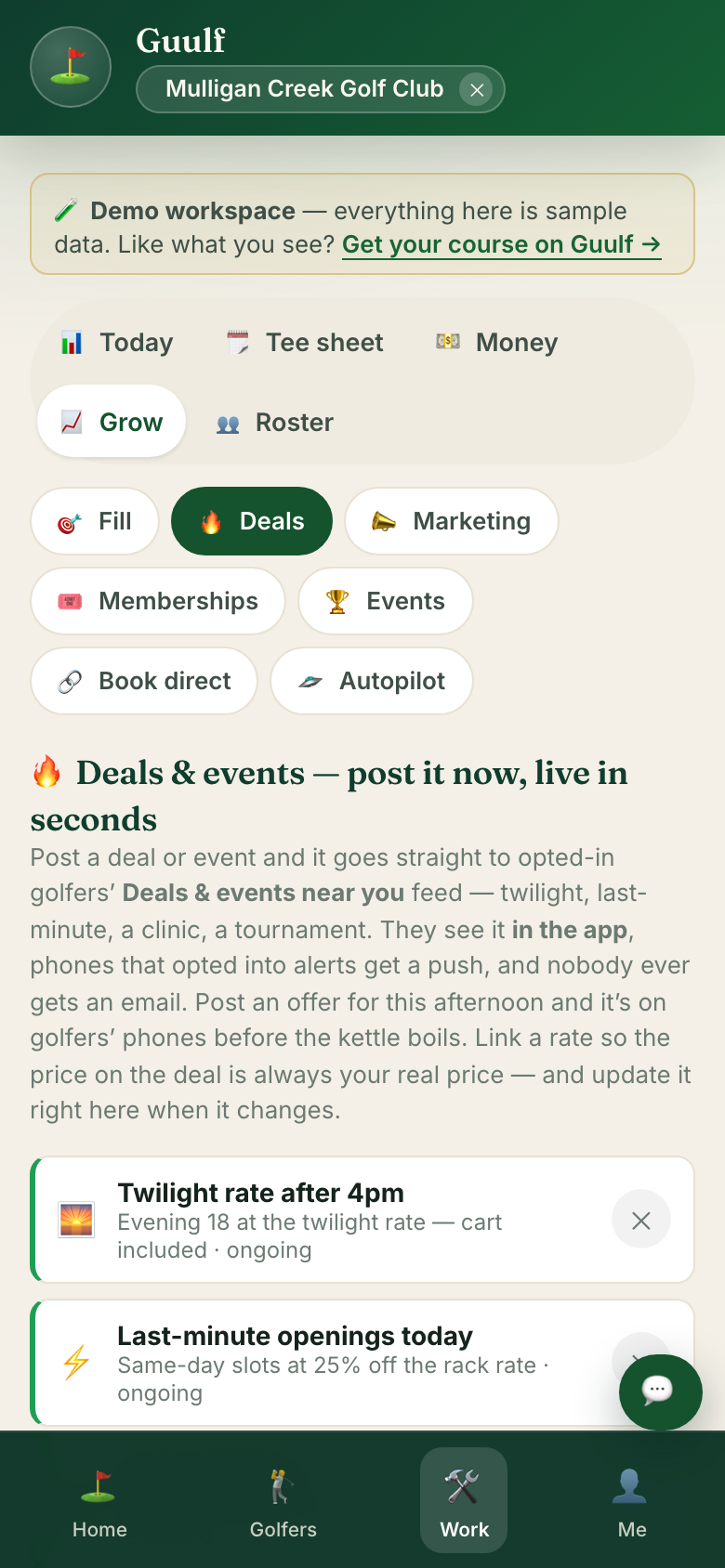 Grow with the Deals tool open: post a deal that reaches nearby golfers' feeds, beside Fill, Marketing, Memberships, Events, Book direct, and Autopilot.