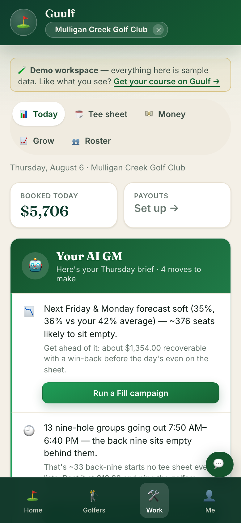 The workspace home: booked today total, payouts card, and the AI GM's daily brief with one-tap moves.