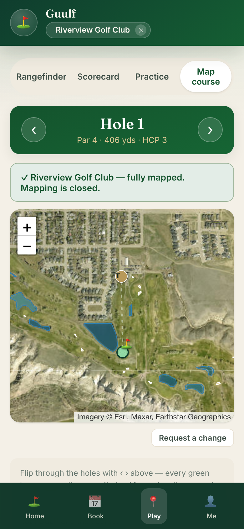 The map-your-course tool: satellite view with the current hole and a Mark button for capturing tee and green points.