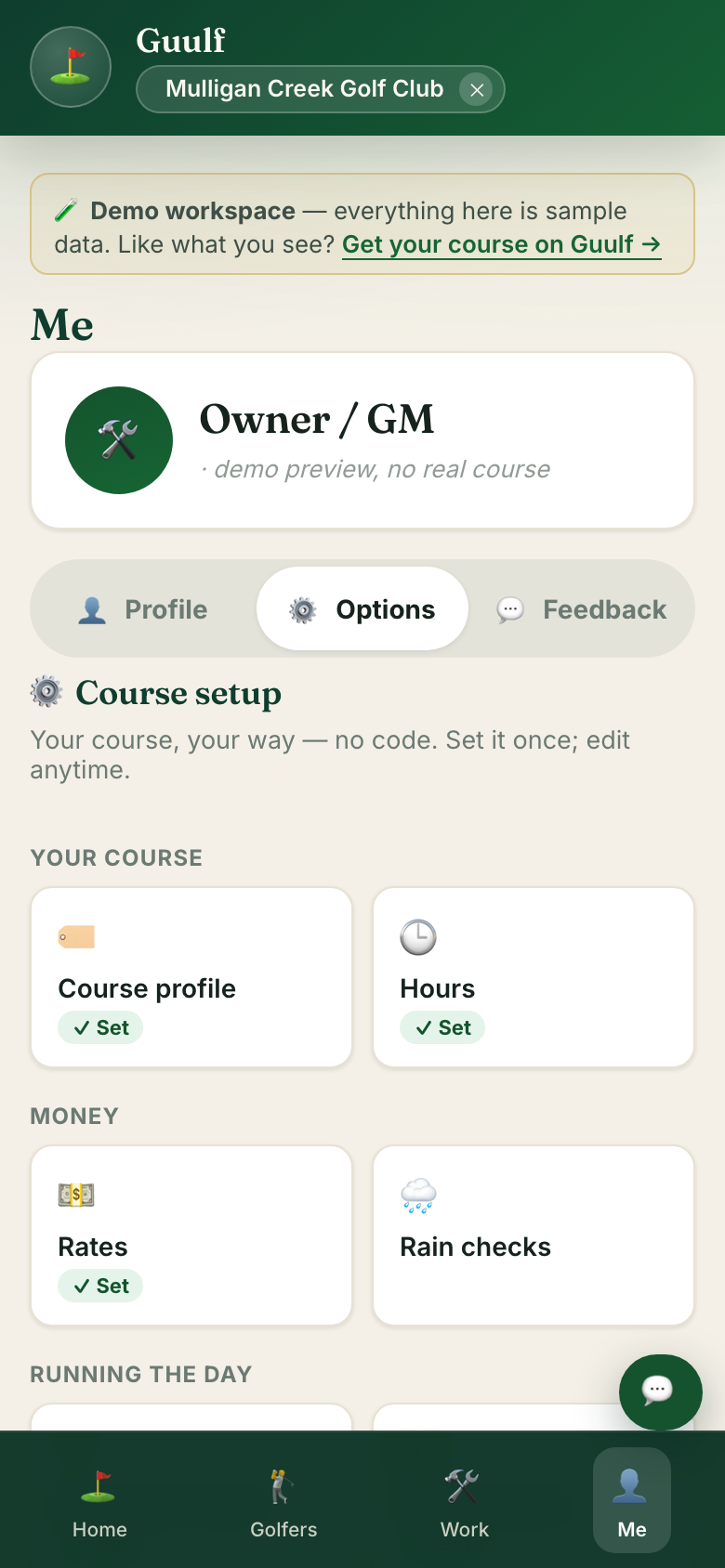 Me then Options: the course setup sections — your course, money, running the day, people and data — each one tap deep.
