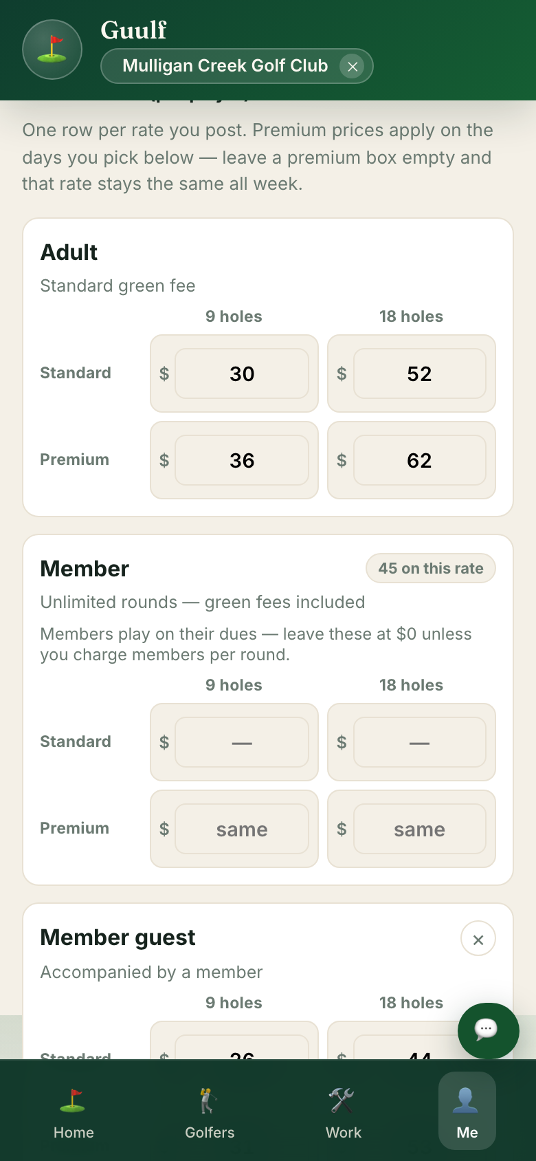 The rate card: Standard and Premium prices for 9 and 18 holes, the Member tier with green fees included, and the Member guest rate.
