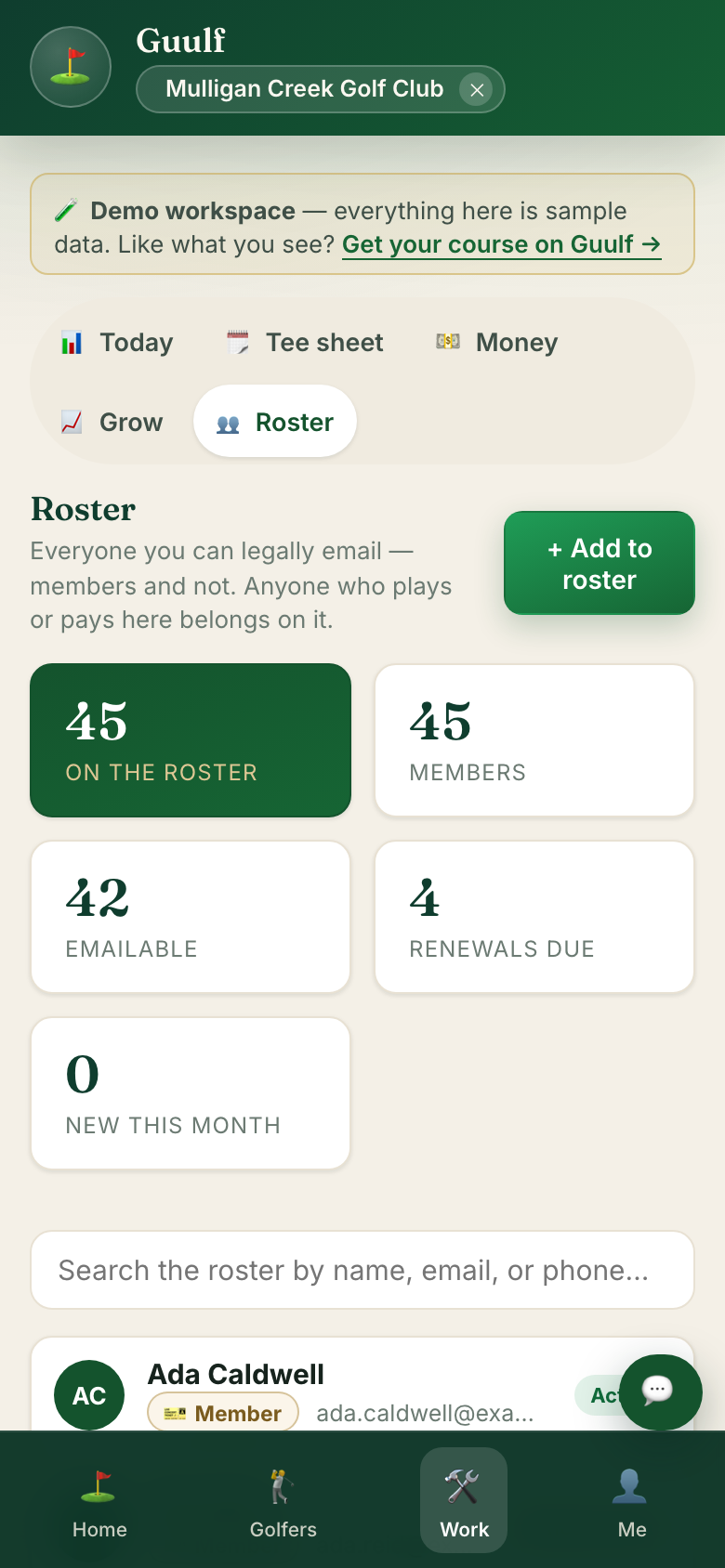 The roster: counts for on the roster, members, emailable, and renewals due, a search box, and the first people with member tier chips.