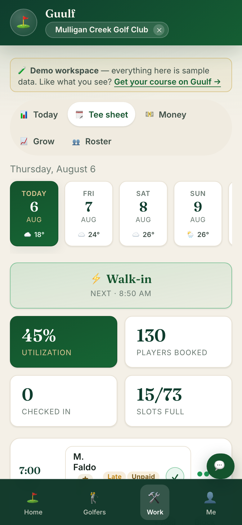 The staff tee sheet: the day's time slots with bookings, open seats, and a walk-in button.
