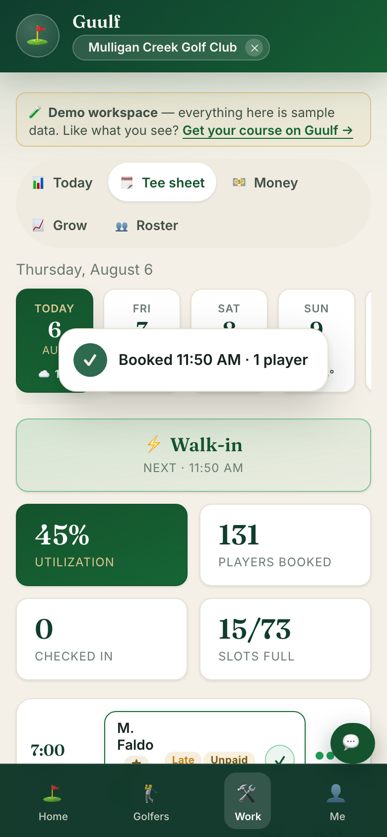 The tee sheet right after confirming: the walk-in group now occupies the slot.