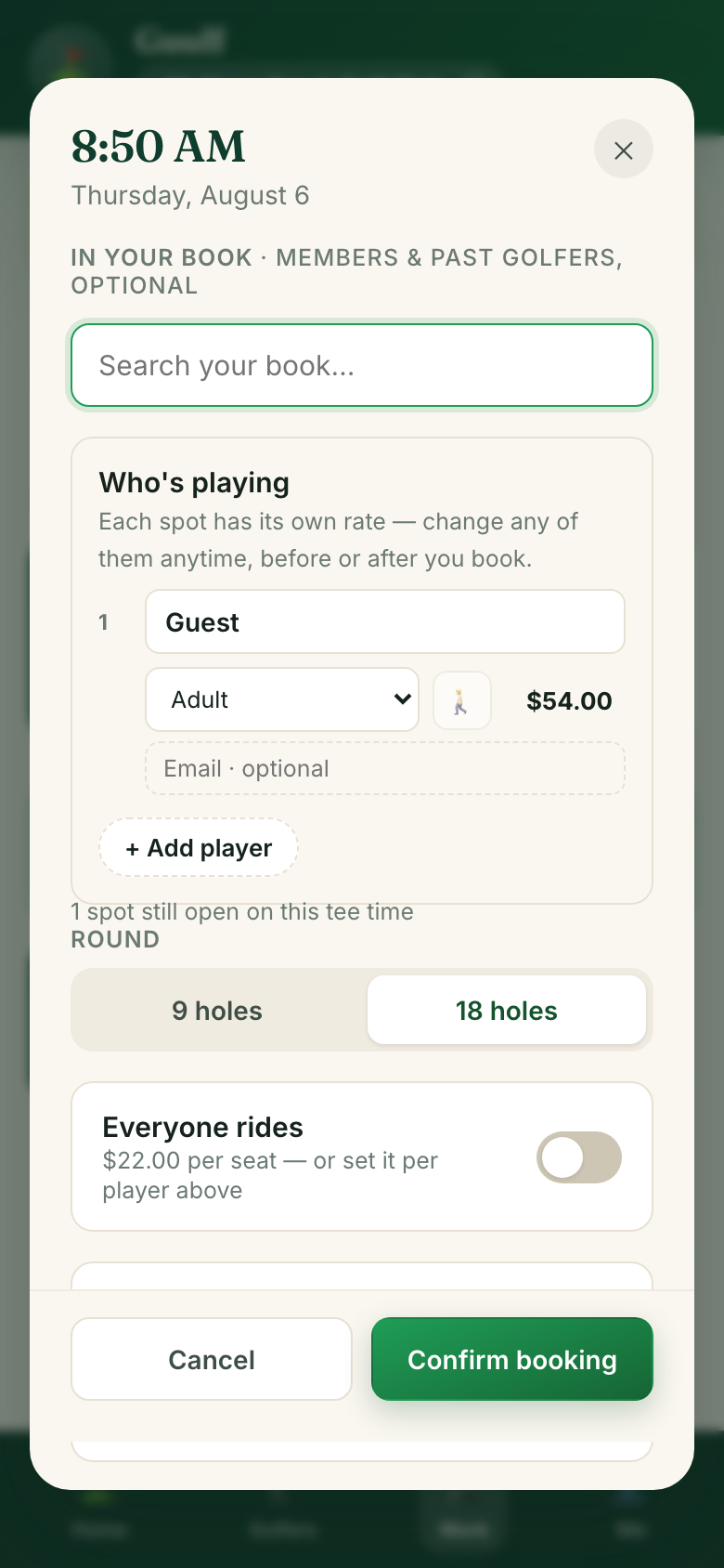 The walk-in booking sheet: the next open time, a search box for your roster, who's playing with a per-spot rate, round length and cart options, and a Confirm booking button.